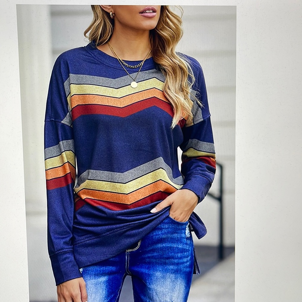 Retro Chevron Stripe Sweatshirt Top Blue Knit Size 2XL
